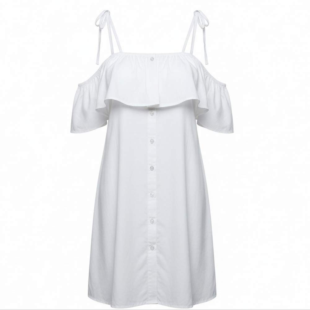 ANDREA | White Cotton Cold-Shoulder Tie-Strap Ruffle Mini Button Down Dress | XL
